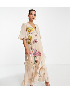 Hope & Ivy Maternity - Vestito lungo a portafoglio ricamato color pesca a fiori-Rosa