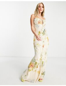 Hope & Ivy - Vestito lungo color crema a fiori con bustino arricciato-Bianco