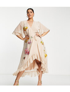 Hope & Ivy Plus - Vestito lungo a portafoglio color pesca a fiori ricamati-Rosa