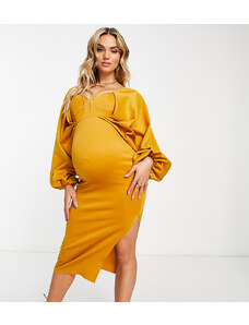 ASOS Maternity ASOS DESIGN Maternity - Vestito midi fasciante color senape con scollo a cuore e maniche ad ali di pipistrello-Giallo
