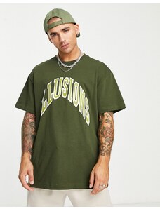 Weekday - T-shirt kaki oversize con stampa “Illusions”-Verde