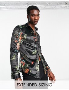 ASOS DESIGN - Camicia skinny elasticizzata in velluto con stampa a fiori scura-Nero