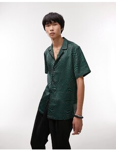 Topman - Camicia in raso verde-azzurro a pois con rever e profili a contrasto-Nero