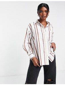 ASOS DESIGN - Camicia dad fit con fondo asimmetrico bianca e marrone cioccolato a righe-Multicolore