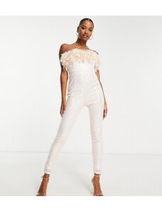 Jaded Rose Petite - Tuta jumpsuit a fascia con paillettes e finiture con piume sintetiche-Bianco