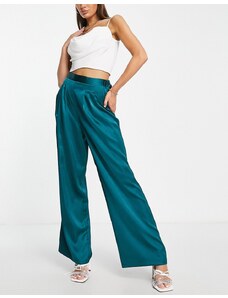 ASOS DESIGN - Pantaloni in raso color verde pino con dettaglio a pieghe