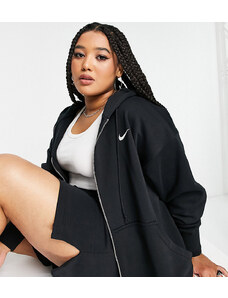 Nike Plus - Felpa con cappuccio oversize nera e bianco sail con piccolo logo Nike e zip-Nero