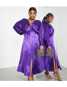 ASOS Edition Curve - Vestito midi viola in raso drappeggiato con maniche a pipistrello