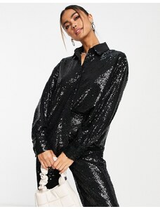 Esclusiva In The Style Plus - Camicia oversize in paillettes nera in coordinato-Nero