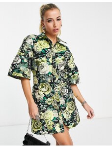ASOS DESIGN - Vestito camicia corto con maniche a kimono in jacquard metallizzato con stampa a fiori grandi-Multicolore