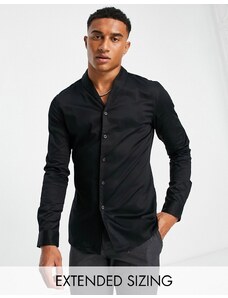 ASOS DESIGN Premium - Camicia slim nera in rasatello con scollo sciallato-Nero