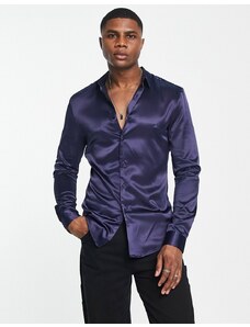 ASOS DESIGN - Camicia skinny in raso blu navy