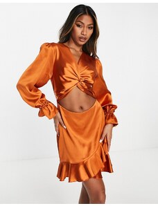 Flounce London - Vestito corto in raso arancione bruciato con cut-out, volant e maniche a palloncino