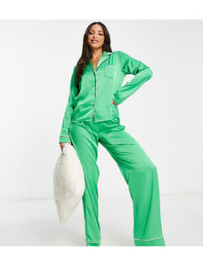 ASOS Tall ASOS DESIGN Tall - Pigiama verde smeraldo con profili a contrasto con camicia a maniche lunghe e pantaloni