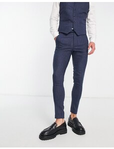 ASOS DESIGN - Pantaloni da abito super skinny in misto lana blu navy a spina di pesce