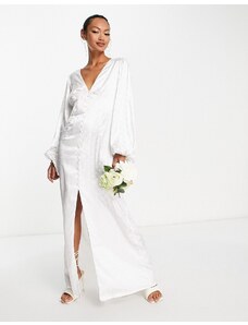 Vila - Vestito lungo da sposa in jacquard bianco a pois con bottoni sul davanti