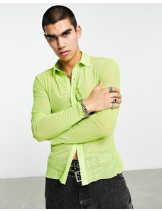ASOS DESIGN - Camicia skinny in rete verde fluo con dettagli arricciati