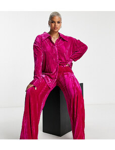 Esclusiva In The Style Plus - Pantaloni a fondo ampio in velluto rosa in coordinato