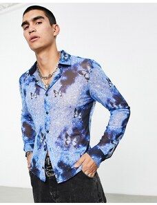 ASOS DESIGN - Camicia a rete corta super skinny con stampa di farfalle scintillante-Blu