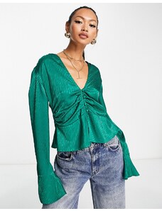 ASOS DESIGN - Blusa con maniche arricciate e laccetti sul collo verde jacquard