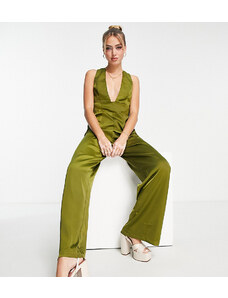 Esclusiva In The Style x Yasmin Devonport - Tuta jumpsuit lime a fondo ampio con scollo profondo sul davanti-Verde