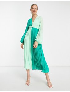 ASOS DESIGN - Vestito midi a pieghe verde colorblock plumetis con incrocio sul davanti-Multicolore