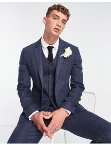 ASOS DESIGN wedding - Giacca da abito skinny in misto lana a spina di pesce blu navy