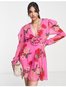 ASOS DESIGN - Vestito corto a maniche lunghe con lacci al collo e corpetto rosa con stampa floreale-Multicolore