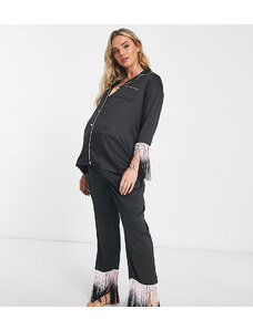 Loungeable Maternity - Pigiama lungo nero e rosa con bottoni e frange