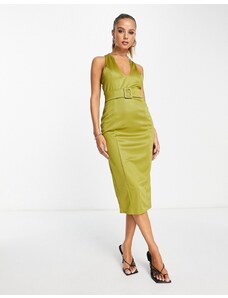 ASOS DESIGN - Vestito midi verde oliva con cintura e scollo a U
