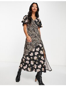 ASOS DESIGN - Vestito da giorno midi avvolgente in tessuto stropicciato con stampa leopardata e a fiorellini-Multicolore