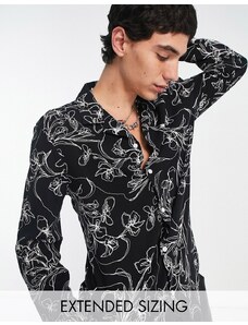 ASOS DESIGN - Camicia nera con stampa floreale a scarabocchi e rever-Nero