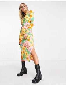 Only - Vestito camicia midi con spacco laterale a fiori anni '70-Multicolore