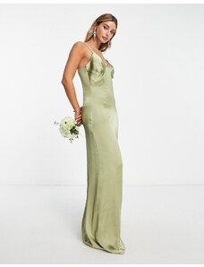 Pretty Lavish - Ines - Vestito lungo da damigella stile impero in raso oliva tenue-Verde