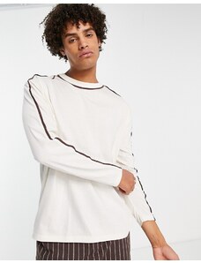 ASOS DESIGN - T-shirt comoda a maniche lunghe color crema con profili marroni-Bianco