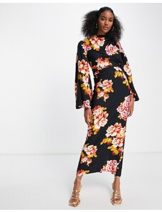 ASOS DESIGN - Vestito lungo accollato con vita avvolgente e maniche svasate nero a fiori-Multicolore