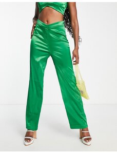 The Frolic - Pantaloni in raso con intaglio verde giada in coordinato