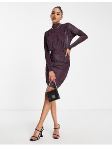 AX Paris - Vestito longuette accollato a maniche lunghe glitterato color mora-Viola