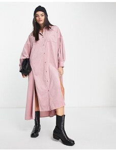 ASOS DESIGN - Vestito camicia lungo oversize in tessuto a coste con spacchi rosa