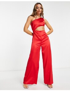 ASOS DESIGN - Tuta jumpsuit monospalla rossa in raso con cut-out-Rosso