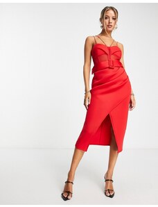 ASOS DESIGN - Vestito midi rosso in rete con corsetto strutturato e cintura