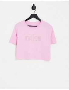 Nike - T-shirt squadrata corta rosa con logo metallizzato laminato