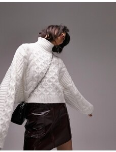 Topshop - Maglione con collo a imbuto in maglia a trecce color crema-Bianco
