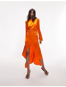 Topshop - Vestito midi in raso arancione asimmetrico con taglio