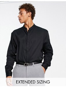 ASOS DESIGN - Premium - Camicia slim nera in rasatello con colletto alla coreana-Nero