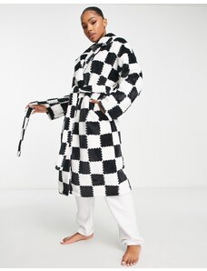ASOS DESIGN - Vestaglia midi nera e bianca a quadri con motivo patchwork in pelliccia sintetica-Multicolore