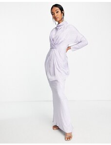 ASOS DESIGN - Vestito lungo in raso lilla a righe con scollo drappeggiato-Viola
