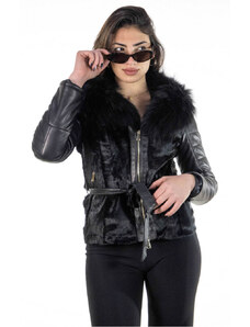 Leather Trend Adriana - Giacca Donna Nera in vera pelle e vera pelliccia