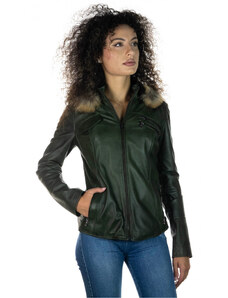 Leather Trend Michelina Cap - Giacca Donna Verde con Cappuccio in vera pelle