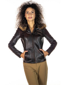 Leather Trend Michelina Cap - Giacca Donna Testa di Moro con Cappuccio in vera pelle